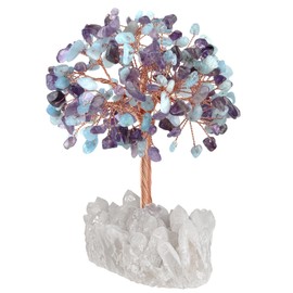 Nupuyai Amethyst & Aquamarine Crystal Tree of Life Gemstone Feng Shui Tree with Rock Crystal Druze Rough Stone Base Lucky Tree Money Tree Gift Wedding Feng Shui Decoration