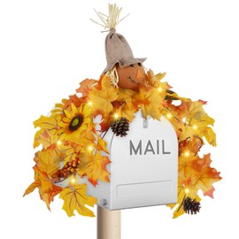 winemana 31.5 Inch Fall Swag for Front Door with LED Lights - Autumn Scarecrow & Sunflower Mailbox Swags, Thanksgiving Garland with Maple Leaves, Berries & Pine Cones for Home, 8 Lighting Modes