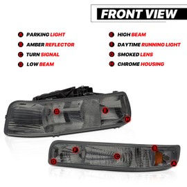 M-AUTO Headlights Assembly Compatible with 99-02 Chevy Silverado 1500HD 2500HD 3500HD, 00-06 Suburban 1500 2500 Tahoe 2/4-Door, OE Style Chrome Housing Amber Corner Headlamps w/Signal Lights