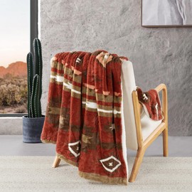 BYTIDE Boho Aztec Faux Fur Throw Blanket with Sherpa Lining, Traditional Southwestern Navajo Tribal Style Plush Fluffy Soft Cozy Throw for Couch, Sofa, Bed, Camping, Outdoor, 60" x 80", Red