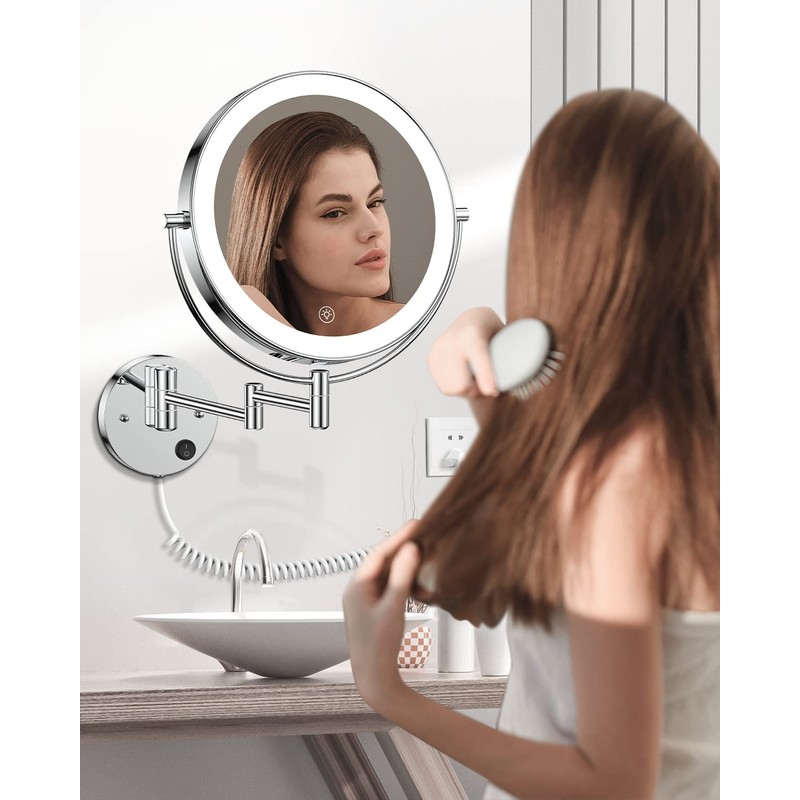 Gospire 9” Wall Mounted Lighted Magnifying Mirror, 1X/10X Magnification Double-Sided