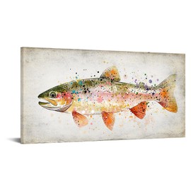KREATIVE ARTS Large Rainbow Trout Canvas Wall Art, Colorful Watercolor Fish Painting Stretched Canvas for Living Room Cabin, Man Cave, 20x40 Inch Ready to Hang