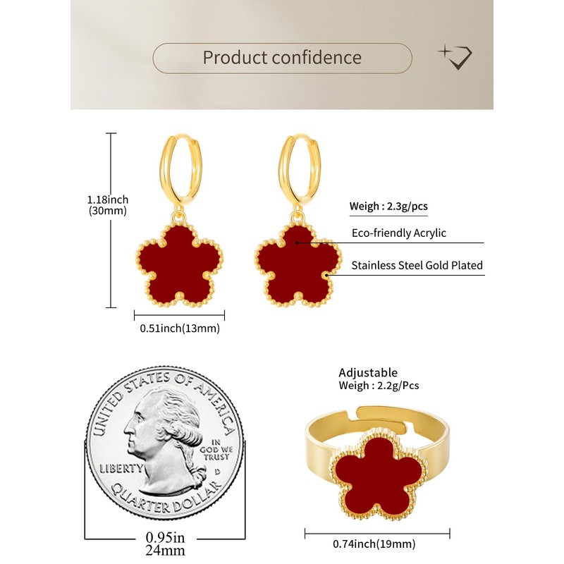Qinpan Gold Plated Five Leaf Clover Rings and Dangle Earrings