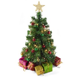 Prextex 23-Inch Mini Christmas Tree Set with LED Lights, Star Topper, Ornaments, and Gift Boxes - Small Tabletop Tree for Desk or Table - Easy Setup Holiday Decorations