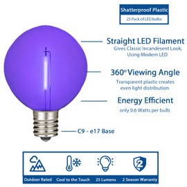 Novelty Lights 25 Pack Purple G50 LED Filament String Light Bulbs, E17/C9 Intermediate Base, 7 Watt Equivalent, Shatterproof Replacement Bulbs for Patios, Canopy Lighting