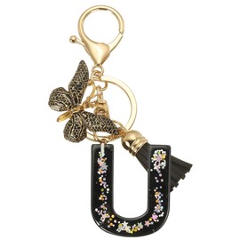 PATIKIL Alphabet Initial Letter Keychain, Resin Cute Keychains with Tassel Butterfly Letter U Pendant Charm for Women Key Purse Handbag Bag Accessories, Black