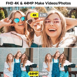 Digital Camera, FHD 4K 44MP Digital Camera, 16X Digital Zoom, Digital Point and Shoot Camera with 3-LED Fill Lights, 64GB SD Card, Compact Camera for Kids Teen Boys Girls, Purple