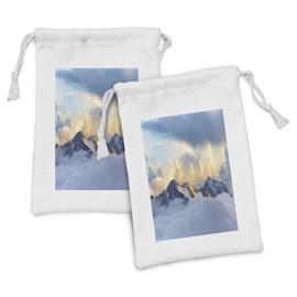 Ambesonne Europe Fabric Pouch Set of 2, Alpine Landscape with Peaks Covered by Snow Clouds Panoramic View Picture, Small Drawstring Bag for Toiletries Masks and Favors, 9" x 6", Charcoal Grey White