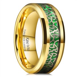 King Will Tungsten Wedding Band For Men 8mm Gold Rings Inlay Green Celtic Knot Male Promise Ring Comfort Fit Size 9