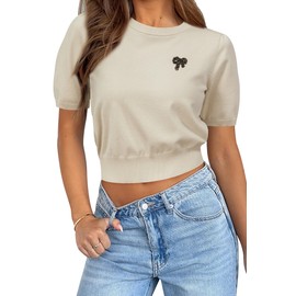 Arach&Cloz Women's Puff Short Sleeve Shirts 2025 Spring Summer Crew Neck Sequin Knit Cute Crop Tops Trendy Casual Pullover Blouse Apricot M