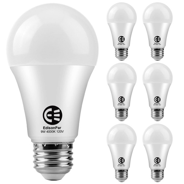 EdisonPar A19 6-Pack LED Light Bulbs, E26 Base 75W Equivalent 1000lumens 4000K Neutral Daylight Light, Cool White (CWF), Non-Dimmable 9W 15000Hrs Indoor (6 Pieces Pack)