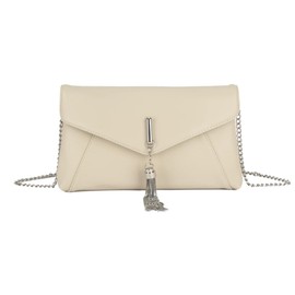 LeahWard Evening Clutch Purse, Chain Strap, Tassel Detail, Envelope Design (Beige)