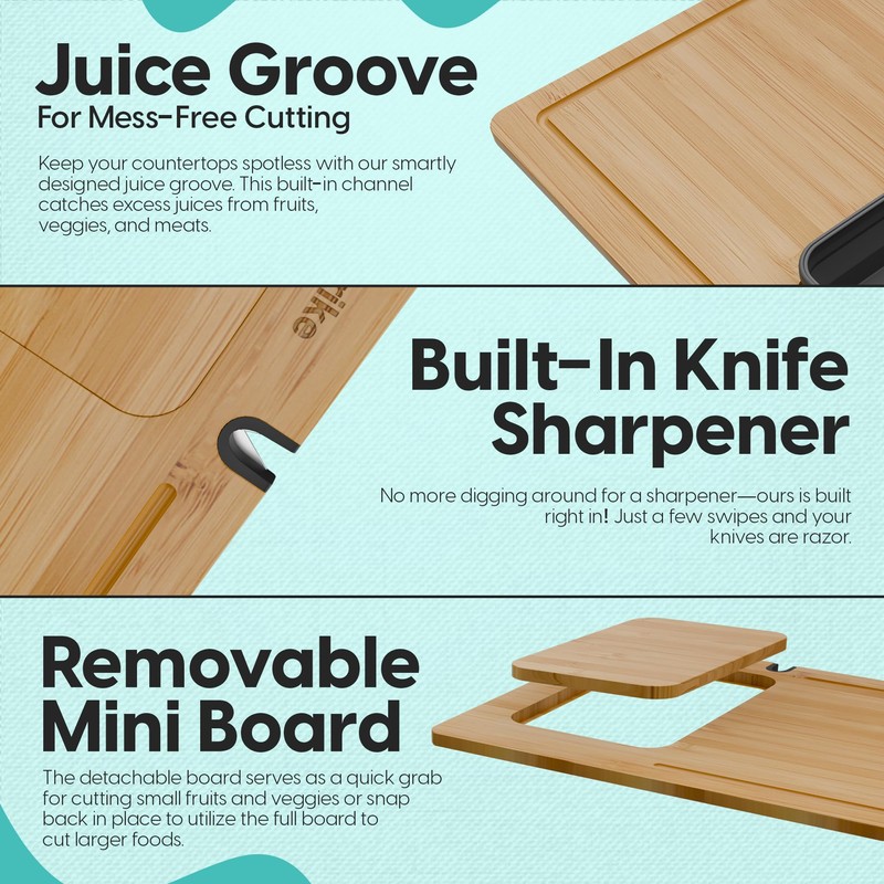TerraStrike Bamboo Cutting Board Set with Knife Sharpener – Thick