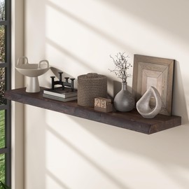 Floating Shelves for Wall, 42" Live Edge Solid Elm Wood Floating Shelf, Wall-Mounted Display Shelves with Invisible Heavy-Duty Metal Bracket, Floating Shelf for Living Room Kitchen, Walnut