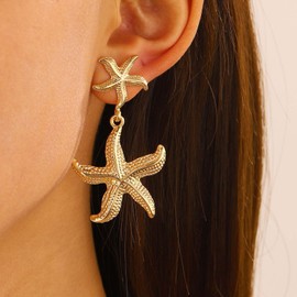 Vintage Metal Starfish Earrings Hammered Starfish Drop Earrings Gold Starfish Stud Earrings Sea Star Dangle Earrings Starfish Exaggerated Earrings Summer Beach Earrings Jewelry for Women