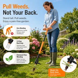 Stand-Up Weed Puller Tool for Home Gardens – 3-Claw Long Handle Weeder for Root Removal Without Bending