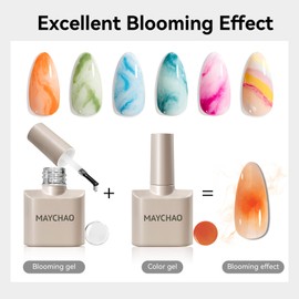 MAYCHAO Blooming Gel and No Wipe Gel Top Coat Nail Polish Set, for Spreading Effect Marble Natural Stone Watercolor Floral Print Nail Art Painting