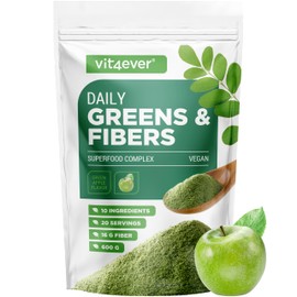 Daily Greens & Fibre Powder - Combination of Fibre & Superfoods - Psyllium, Spirulina, Moringa, Barley Grass, Inulin, Apple Fibre, Turmeric Extract, Accent Fibre, Lecithin (600 g, Green Apple)