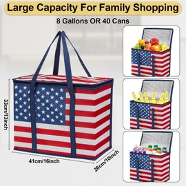 QOUBAI 3Pack Insulated Reusable Grocery Bags American flag Collapsible Food Delivery Bag Patriotic Heavy Duty Large Shopping Bag Tote Bags Container with Zippered Top for Hot Cold Food Carrier Travel
