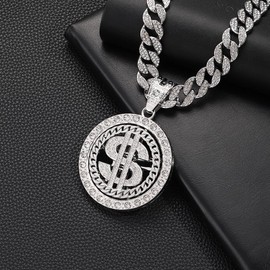 Men's necklace fashionable 360 degree rotating US dollar pendant with diamond inlaid coins rotating Cuban pendant accessory (silvery/24in)