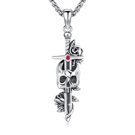 YueYuan Sword Necklace 925 Sterling Silver Gothic Rose/Skull/Snake Pendant with Cubic Zirconia Goth Jewellery Gifts for Women Men Valentine's Day Birthday, Sterling Silver, No Gemstone