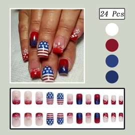 24pcs 4th of July Press on Nails Short Square Red Blue French Tip Fake Nails with Glitter Star Designs American Flag False Nails Stick on Nails Independence Day Full Cover Glue on Nails For Women