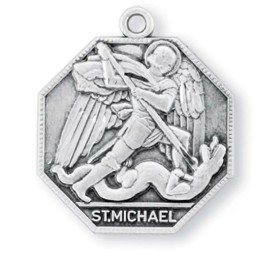 HMH Large Sterling Silver Mens Saint St Michael Pendant Medal Necklace w/ 24' Chain