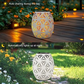 Outdoor Solar Table Lantern Waterproof White Flower Hollowed-Out Solar Powered Metal Light Dancing Flickering Flame LED Garden Light Decorative Table Lamp for Outside Patio Porch Lawn Pathway Indoor