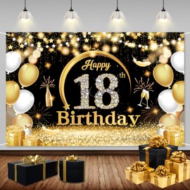 ZAHRVIA 18th Birthday Banner Black Gold, 18th Birthday Party Decorations, 18th Birthday Background Banner, Fabric Sign Poster Background for 18th Birthday Party Decoration Birthday Boys Girls