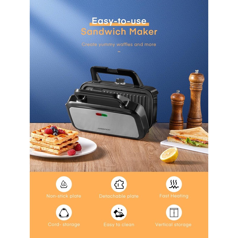 HOUSNAT Sandwich Maker, 3 in 1 Waffle Maker with Removable