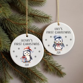 Baby's First Christmas Decoration Tree Bauble Cute Penguin Boys or Girls Ceramic Ornament Festive Gift for New Baby (Penguin 3)