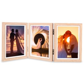 Picture frame collage for 3 photos, 10x15cm foldable pictures, wooden picture frame with acrylic plate, multi-frame for wedding, family, baby, light brown, 6x4 inches