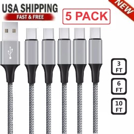 perf_essential 5-Pack Braided USB C Type-C Fast Charging Data SYNC Charger Cable Cord 3/6/10FT - 5X-10FT-RED
