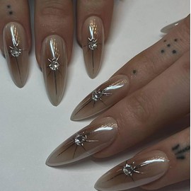 Caramel Obrem Press on Nails Medium Almond Fake Nails Star with Rhinestones False Nails with Designs Brown Glossy Glue on Nails Y2K Acrylic Nails Handmade Artificial Nails for Women Girls 24Pcs