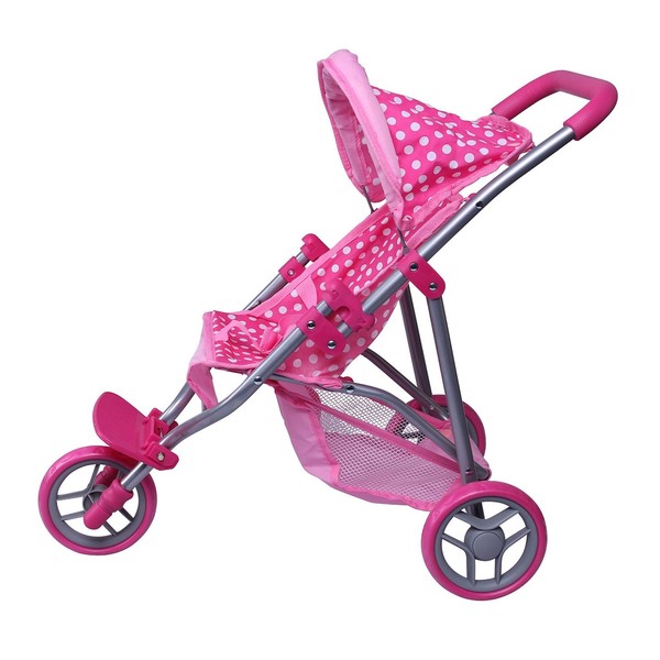 Precious Toys, Pink & White Polka Dots Foldable Doll Stroller Jogger, Foam Handles, and Hot Pink Frame