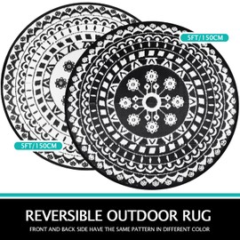 Capslpad 5Ft Round Outdoor Rug for Patio Reversible Mat Waterproof Plastic Straw Rug Boho Circle Indoor Outside Area Rug for RV Camping Picnic Pool Tent Balcony Beach Deck Doormats Decor, Black