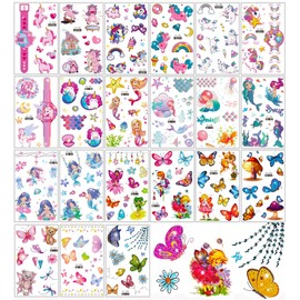 Rosymormor 21 Sheets Glitter Temporary Tattoos for Girls, 300+ Designs Cartoon Butterfly, Fairy, Mermaid, Unicorn Waterproof Stickers, Long Lasting Fake Tattoo for Kids, Birthday Party Supplies, Gifts