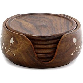 Handicrafts Handmade Wooden Lotus Tea Coaster with Half Barrel Shape Stand (3.5 Inch) - Set of 6 Coasters