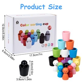 JOAASU Color Sorting Cups, 12PCS Kids Colour Sorting Cups, Wooden Peg Dolls in Cups, Preschool Color Matching Toy, Educational Learning Colour Sorting Toys for Toddlers Kids