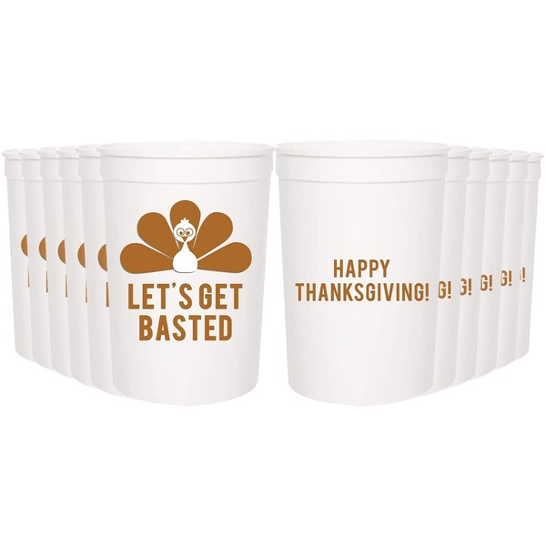 Thanksgiving Party Cups - "Let's Get Basted" - Set of 12 White and Burnt Orange 16oz Stadium Cups, Perfect for Thanksgiving Dinner, Thanksgiving Party, Friendsgiving Party, Thanksgiving Supplies