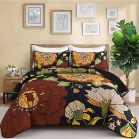 DJY Floral Quilt Set King Size Black Boho Bedspread Coverlet Set, 3 Piece Botanical Quilt Lightweight Microfiber Farmhouse Floral Bohemian Bedding Set with 2 Pillow Shams for All Season (110''x90'')