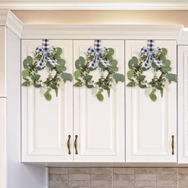 BFYDOAA 6 Piece Faux Kitchen Cabinet Wreaths Small Christmas Green Eucalyptus Wreath with Plaid Ribbon Bow, Holiday Kitchen Cabinet Door Hanging Decor