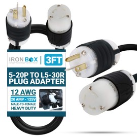 IronBox Electric NEMA 5-20P to L5-30R Plug Adapter Power Cord - 20A, 125V, 12 AWG - UL Listed Extension Cable - Heavy Duty Twist Lock Plug and Connector for Generator, Data Centers & More (3ft, Build)