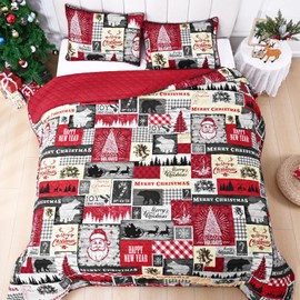 FRAMICS Christmas Quilt King Size Red, 3 Pieces Buffalo Plaid Quilt Sets with 2 Pillow Shams, Christmas Tree Beding Set Reversible Lodge Bear Quilts, Farmhouse Christmas Bedspread Coverlet, 106"x96"