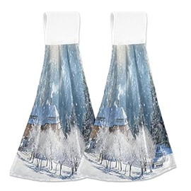 FFYHO Winter Rural Village Hanging Kitchen Towel with Loop 2 Pack Beautiful Snowy Time Hand Towels Soft Microfiber Coral Velvet Tie Towel Decor for Bathroom Oven Absorbent Washcloth