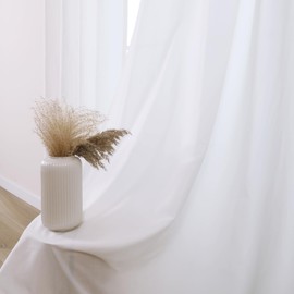L.Z.E Non-See-Through Curtains White, Short Cotton-Look Pencil Pleat Privacy Sheer Curtains for Bedroom Living Room Kitchen Windows, 57 Inch Drop 145 cm Long Light Filtering Curtain, 2 Panels Set Thin