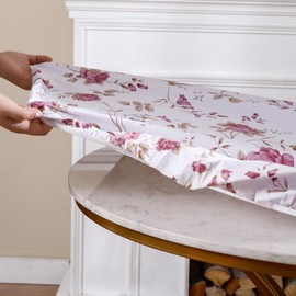 Round Vinyl Fitted Tablecloth with Flannel Backing Elastic Edge Design Table Cover Waterproof Oil-Proof PVC Table Cloth Stain-Resistant Wipeable for Round Table