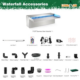 LONGRUN Waterfall Pool Fountain, Updated 5.9'' Wider Open Lip Stainless Steel Waterfall Spillway, Decorative Water Feature for Swimming Pools, Koi Ponds, Spa & Garden - 11.8''