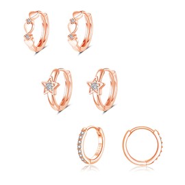 Cangall Hoop Earrings 925 Silver Small 3 Pairs 925 Sterling Silver Heart Star Huggie Hoop Earrings Set, Hypoallergenic Silver Women's Hoop Earrings, Small Sleeping Cartilage Earrings Hoop Earrings