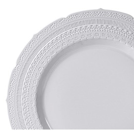 " OCCASIONS" 120 Plates Pack, Extra Heavyweight Vintage Wedding Party Disposable Plastic Plates (7'' Dessert Plate, Chateau in Light Gray)